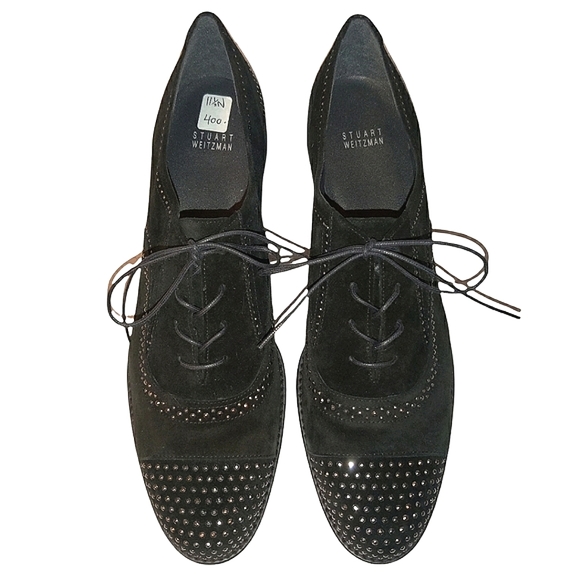 Stuart Weitzman Shoes - Stuart Weitzman Leather Suede Lace Up Studded Heeled Oxford Loafers